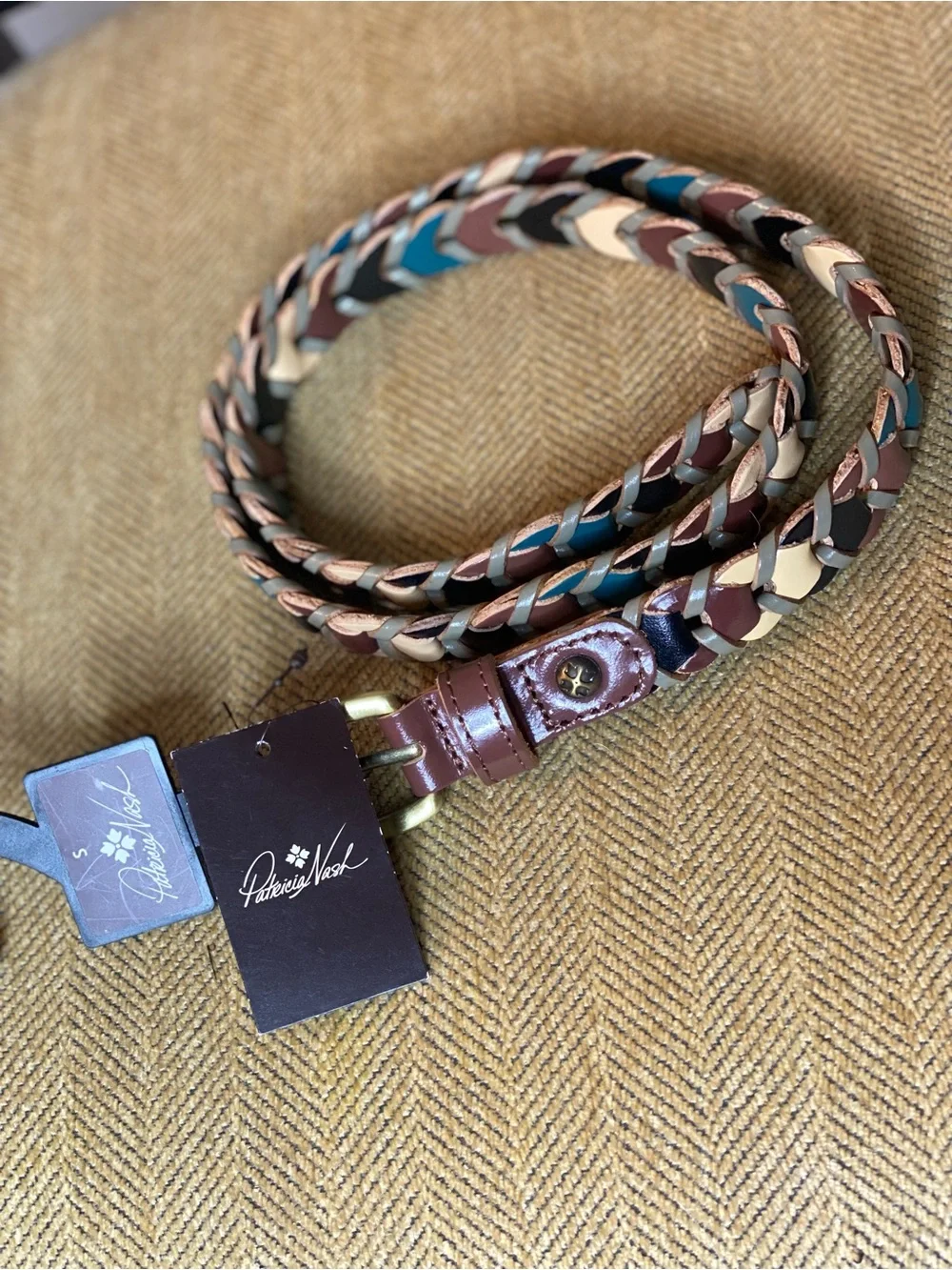 NWT! Patricia Nash Atina Turquoise Multi Color Woven Leather Belt - Size S (41”)